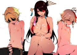 1girls 2boys aether_(genshin_impact) after_sex ai_generated beidou_(genshin_impact) big_breasts bigger_female breasts condom cum erect_penis female femdom full_condom genshin_impact icomerrr kaedehara_kazuha male male/female malesub size_difference smaller_male threesome twink used_condom