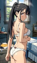 ai_generated back_view backboob big_butt black_hair bra brown_eyes curvaceous curvy_female light-skinned_female light_skin looking_back panties ponytail small_breasts solo_female suzume_(suzume_no_tojimari) suzume_no_tojimari