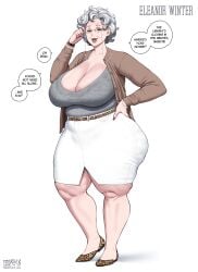 1girls 2022 bbw busty curly_hair elderly_female eleanor_winter english_text fellatrix female fully_clothed gilf glasses leopard_print oc old older_female pearl_bracelet speech_bubble text wide_hips