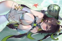 arms_behind_back barely_clothed barely_contained beach belly_button black_hair blush cleavage flower flower_in_hair goddess_of_victory:_nikke green_hair guilty_(nikke) guilty_(wave_of_disbelief)_(nikke) huge_breasts large_breasts laying_down laying_on_side long_hair looking_at_viewer massive_breasts merry_051922 neck_restraint ocean ponytail purple_eyes restraints shaved_crotch shaved_pussy sideboob skindentation starfish thick_thighs thighs water watermelon