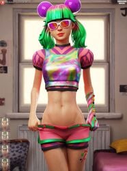 1girls 3d 3d_(artwork) darkbahamuth fortnite glove green_hair midriff one_glove pigtails pink_hair pink_sunglasses pinup removing_clothing short_shorts shorts sunglasses tinted_eyewear tummy zoey_(fortnite)