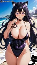 ai_generated beach big_breasts bikini black_hair cat_ears catgirl curvy curvy_figure curvy_hips hips hourglass_figure original_character purple_eyes shiny_skin stable_diffusion thick_thighs voluptuous_female xceed