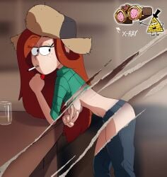 1girls 2d 2d_(artwork) 2d_artwork ass bill_cipher breasts cup drpizzaboi1 english_text female glass gravity_falls green_shirt hair hanging_breasts hat inker_comics inkershike jeans medium_breasts nude tagme teenager wendy_corduroy x-ray x-ray_visiong