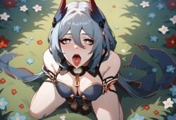 ai_generated anaslex drooling emotionless hands_between_legs hands_together hanya_(honkai:_star_rail) honkai:_star_rail kneeling open_mouth pale-skinned_female pale_skin tongue tongue_out