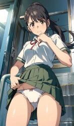 ai_generated bare_legs black_hair blush brown_eyes curvaceous curvy_female light-skinned_female light_skin looking_down low-angle_view panties ponytail schoolgirl skirt_lift small_breasts solo_female suzume_(suzume_no_tojimari) suzume_no_tojimari