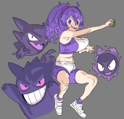 1girls breasts female gastly gengar hex_maniac pokemon pokemon_(species) sportswear suspended_in_midair zippppiz