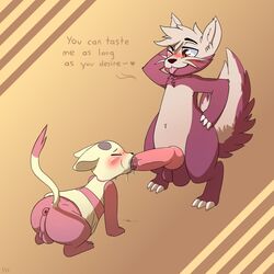 2018 anthro anthro_on_anthro anus ass balls blush claws domination fellatio feral fur hi_res knot looking_pleasured male mammal mephitid mienfoo mustelid nintendo oral penis pink_fur pokémon_(species) pokemon precum purple_fur red_eyes saliva sex stunky sublimeslimefairy submissive_male tan_fur text thomas_whitaker tongue tongue_out video_games whiskers yaoi