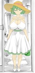 1girls alternate_breast_size color female green_eyes green_hair huge_breasts mogudan one-punch_man shortstack size_difference sundress tatsumaki