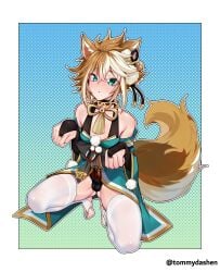 2024 absurd_res animal_humanoid blush bulge canid canid_humanoid canine canine_humanoid clothed clothing crossdressing femboy genshin_impact gorou_(genshin_impact) hi_res humanoid legwear looking_at_viewer male male_only mammal mammal_humanoid mihoyo solo tommydashen