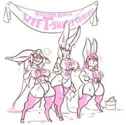 anthro blush breasts clothing female group jintonic lagomorph legwear mammal monochrome nipple_bulge open_mouth pussy rabbit smile standing thick_thighs thigh_highs voluptuous wet_clothing