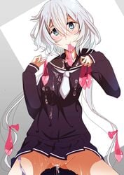 blue_eyes blush clothed clothing condom condom_in_mouth cum cum_in_pussy cum_inside cum_on_body female konno_junko no_panties no_panties_under_skirt pussy school_uniform short_hair skirt smile spread_legs upskirt used_condom white_hair zombie_land_saga