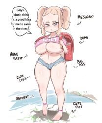 ankle_bracelets backpack barefoot beads big_ass big_breasts bimbo blonde_hair blue_eyes blush cute denim_panties dialogue english_text hair_beads holding_backpack hourglass_figure huge_breasts ioxat low_cut_top midriff navel outdoors randoseru school_bag shortstack slim_waist stretched_clothing text thick_thighs too_small_clothes twintails underboob wide_hips