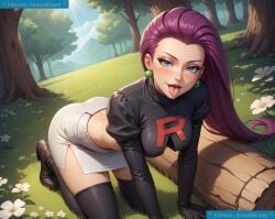1girls ai_assisted ai_clothes ai_generated ai_generated_background ai_upscaled blue_eyes earrings jessie_(pokemon) kneeling open_mouth purple_hair sunsetbloom team_rocket tight_clothing tongue_out