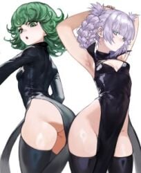 2girls call_of_the_night female foolish_potato green_eyes green_hair lowres nanakusa_nazuna one-punch_man tatsumaki thick_thighs thighhighs yofukashi_no_uta