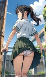 ai_generated back_view bare_legs big_butt black_hair blush brown_eyes curvaceous curvy_female light-skinned_female light_skin looking_back panties ponytail school_uniform schoolgirl solo_female suzume_(suzume_no_tojimari) suzume_no_tojimari upskirt