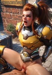 1female 1girls 2d ai_generated armor armored_dress armored_female armored_gloves breastplate brigitte brigitte_lindholm brown_eyes brown_hair cowgirl_position detailed_female female girl hi_res high_resolution highres overwatch overwatch_2 pony_diffusion_xltasy red_hair serotec vaginal_penetration