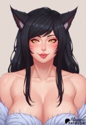 1girls ahri ai_generated big_breasts black_hair blush blushing bra cat_ears catgirl clothing collarbone covered_breasts covered_nipples cute eyebrows eyelashes face_markings front_view fur_clothing happy happy_female huge_breasts league_of_legends lips long_hair magnelo makeup massive_breasts naked no_bra puffy_lips riot_games shoulders small_nose smile smiling smiling_at_viewer solo_female vastaya yellow_eyes