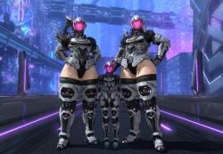 1boy 2girls 2girls1boy cyborg ffxiv final_fantasy_xiv larger_female methados taller_female taller_girl thick_thighs