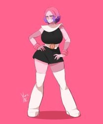 1girls artist_name artist_signature big_breasts black_clothing boots breasts breasts_bigger_than_head female female female_focus female_only frankenstein_(species) gradient_hair hand_on_hip huge_breasts looking_at_viewer lucaslife_(yuric_inc) pink_background pink_eyes pink_hair purple_highlights tagme terra_(yuric_inc) thigh_high_boots thigh_highs thighhigh_boots thighhighs waist_belt wrist_scrunchie yuric_inc