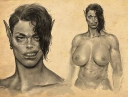 anatomically_correct artistic_nude artistic_nudity clavicle digital_painting_(artwork) elf elf_ears elf_female fantasy female female_focus female_only grayscale greyscale huge_breasts justsomenoob large_breasts monochrome no_visible_genitalia nonsexual nonsexual_nudity scar scarred scarred_face scars_all_over small_areola small_nipples solo_female sweatdrop tasteful_nudity