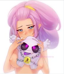 6yoshi9 blue_eyes brawl_stars breasts breasts_out heart-shaped_pupils looking_at_viewer plush plushie purple_hair shelly_(brawl_stars) smiling smiling_at_viewer squeak_(brawl_stars) topless