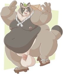 2018 anthro balls belly big_balls canine flaccid hat humanoid_hands justicecaptainv leaf male male_only mammal moobs navel nipples overweight overweight_male penis simple_background solo tanuki