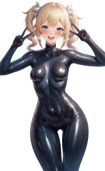 1girls :d ai_generated aimoonshine bangs barbara_(genshin_impact) black_bodysuit blonde_hair blue_eyes blush bodysuit breasts covered_navel double_v drill_hair embarrassed female female_only genshin_impact hair_ornament hands_up latex latex_bodysuit looking_at_viewer medium_breasts mihoyo open_mouth peace_sign shiny shiny_clothes simple_background skin_tight smile solo thigh_gap twin_drills twintails v white_background