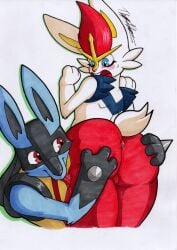 absurd_res anthro ass balls big_butt blush butt_grab butt_lick cinderace duo generation_4_pokemon generation_8_pokemon genitals hand_on_butt hi_res lagomorph licking lucario male male/male mammal nintendo pokemon pokemon_(species) rotten_owl simple_background tail tongue tongue_out traditional_media_(artwork) white_background