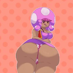 2024 background bedroom_eyes big_ass big_breasts black_eyes blush blushing_at_viewer braids colored_outline dark_skin dot_eyes fanart looking_at_viewer mushroom mushroom_girl mushroom_hat oofrowdy outline panties pink_dress pink_hair pink_panties polka_dot polka_dot_background red_coat red_shirt shaded shiny_skin stinkify suntan super_mario_bros. tan_skin tan_skinned_female toadette tongue_out turned_around upskirt white_border