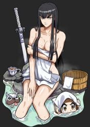 bangs black_hair breasts kill_la_kill kiryuuin_satsuki mankanshoku_mako mikeypieart onsen sword towel