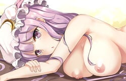 breasts close-up crescent dakimakura eyebrows_visible_through_hair female hat large_breasts long_hair lying mob_cap nakatokung nipples nude on_side patchouli_knowledge purple_eyes purple_hair solo touhou