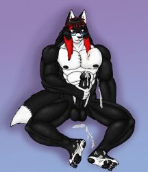 anthro balls big_penis black_balls black_fur cum cum_on_feet cum_on_paws digital_drawing_(artwork) fever_(firefox_fever) focus_on_penis furry furry_only furry_tail glasses jerking jerking_off jerkingoff male male_foot_fetish male_only masturbating masturbation penis red_and_black_hair relaxed relaxing solo vjmorales