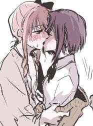 1other 2girls akiyama_mizuki blush blush breasts breasts breasts brown_hair closed_eyes clothed clothing female_focus female_only flat_chest flat_chested high_resolution highres kissing kissing medium_breasts pink_eyes pink_hair project_sekai shinonome_ena yuri