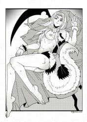 claws crossbreed_priscilla dark_souls dragon dragon_girl fluffy_tail fromsoftware fur giantess herheim horns long_hair looking_at_viewer monochrome monster_girl nude posing scythe smile sweat wet wet_pussy wide_breasts wrist_tuft