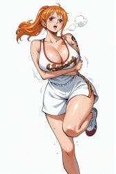 ai_generated alluring almost_naked almost_nude basketball basketball_shorts basketball_uniform big_breasts blush breasts brown_eyes female female_only long_hair looking_at_viewer nami nami_(one_piece) one_piece orange_hair ponytail post-timeskip seducing seduction seductive seductive_body seductive_eyes seductive_gaze seductive_look seductive_mouth seductive_pose shiny_hair shiny_skin sweat sweatdrop sweating sweaty sweaty_body voluptuous voluptuous_female yashin