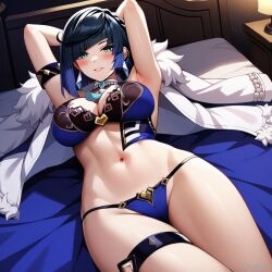 ai_generated big_breasts bra breasts cleavage cowboy_shot female genshin_impact hi_res panties short_hair smile thighs vinzyai yelan_(genshin_impact)