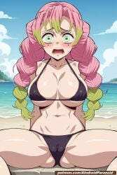 ai_generated aindroidparanoid ass beach bicolored_hair big_ass big_breasts big_butt bikini blush braid breasts busty cameltoe demon_slayer green_eyes green_hair hourglass_figure huge_breasts kanroji_mitsuri kimetsu_no_yaiba large_breasts narrow_waist nipples outdoors pink_hair sand scared scream sitting spread_legs stable_diffusion