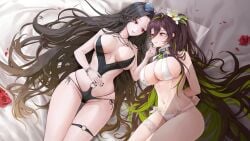 2girls arms_behind_back barely_clothed barely_contained bed bed_sheet belly_button bikini black_hair black_nail_polish black_nails blush cleavage dora_(garyeong) flower flower_in_hair goddess_of_victory:_nikke green_hair guilty_(nikke) guilty_(wave_of_disbelief)_(nikke) hi_res high_resolution highres hips holding_chin huge_breasts key key_necklace large_breasts lipstick long_hair maiden_(nikke) maiden_(under_the_sun)_(nikke) massive_breasts multiple_girls neck_restraint necklace ponytail purple_eyes red_eyes restrained_wrists restraints rose shaved_crotch shaved_pussy sideboob skindentation sunglasses sunglasses_on_head swimsuit tanline tanlines thick_thighs thighs