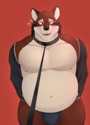 absurd_res acario_(artist) belly big_belly blush bulge canid canine canis echo_(game) echo_(series) echo_project first_person_view hi_res leash leo_alvarez male male_only mammal musclegut muscular muscular_male overweight overweight_male pecs red_wolf solo wolf