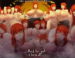 1boy big_ass big_breasts big_butt chainsaw_man clone clones coming_from_portal harem looking_at_viewer makima_(chainsaw_man) multiple_girls red_hair smile smile81872864 smiling smiling_at_viewer steam steaming_body sweat undressing