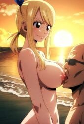 1female 1male ai_generated bare_shoulders beach beach_background big_breasts blonde_female blonde_hair breast_sucking fairy_tail imminent_sex licking_nipples lucy_heartfilia old_man outdoor_nudity outdoors pogo_(artist) smiling smiling_at_partner sunglasses sunset