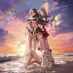 2girls amber_eyes arm_tattoo ass back_tattoo barely_clothed barely_contained beach belly_button bikini black_hair blush blushing_at_viewer cameltoe dolphin ear_piercing feet flower flower_in_hair game_cg goddess_of_victory:_nikke huge_ass huge_breasts large_breasts multiple_girls ocean official_art piercing red_eyes rosanna_(chic_ocean)_(nikke) rosanna_(nikke) sakura_(bloom_in_summer)_(nikke) sakura_(nikke) shaved_crotch shaved_pussy shirt sideboob sitting smile smiling smiling_at_viewer standing sunset surfboard swimsuit tattoo tattooed_arm tattoos thick_thighs thighs underboob water wet wet_body white_hair