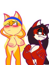 2girls bandicoot big_ass big_breasts black_hair coco_bandicoot coco_bandicoot_(crash_of_the_titans) comparing_sizes comparison completely_naked crash_(series) crash_of_the_titans crash_twinsanity embarrassed_female evil_coco exposed_ass exposed_breasts exposed_pussy exposing_self furry furry_female furry_only grabbing_own_ass green_eyes hands_behind_head orange_fur presenting_hindquarters purple_eyes red_fur small_ass small_breasts thick_thighs uncomfortable yellow_hair