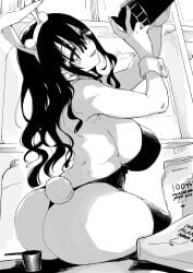 achumuchi animal_ears ass bare_shoulders breasts erotic_x_anabolic fake_animal_ears highres huge_ass inui_achu large_breasts leotard long_hair looking_at_viewer looking_back mitsukura_itsuha monochrome open_mouth original playboy_bunny protein_shake solo thick_thighs thighs wide_hips