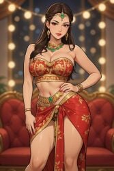 1girls ai_generated bangle belly_button bracelet brown_eyes brunette_hair bursting_breasts cel_shading circlet cleavage dancer dancer_outfit earrings embroidery eyelashes female gold_belt gold_jewelry grok hair_over_shoulder hand_on_hip indian_clothes jewelry jewels light-skinned_female long_hair loose_hair medium_breasts midriff necklace one_hand_on_hip ornament raised_hips red_clothing rgomez007 self_upload slender_body smiling_at_viewer solo_female standing thick_outline waist_chain warm_colors warm_lighting wide_hips