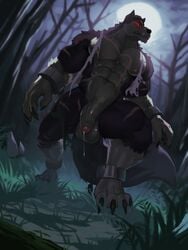 2018 4_toes 5_fingers abs anthro balls biceps big_balls canine chains claws clothing detailed_background fangs flaccid foreskin forest front_view fur glowing glowing_eyes grass grey_fur humanoid_penis kristakeshi low-angle_view male male_only mammal moon mostly_nude multicolored_fur muscular muscular_male night nipples outside pants pecs penis perspective post_transformation precum red_eyes scar shackles sharp_teeth shirt sky solo spooky teeth toe_claws toes torn_clothing torn_pants torn_shirt transformation tree triceps two_tone_fur uncut vein were werewolf