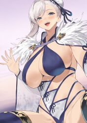 armpits big_breasts bikini blue_eyes fate/grand_order fate_(series) iku_(ikuchan_kaoru) large_breasts looking_at_viewer miyamoto_musashi_(fate) miyamoto_musashi_(swimsuit_berserker) miyamoto_musashi_(swimsuit_berserker)_(third_ascension)_(fate) nipple_bulge open_mouth smile smiling smiling_at_viewer spread_legs thick_thighs waving white_hair