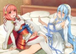 1boy 2girls armor azura_(fire_emblem) blush double_tribadism_on_penis dress ffm_threesome fire_emblem fire_emblem_fates hair nopan open_mouth oxxo_(dlengur) pantyhose penis pubic_hair sakura_(fire_emblem) skirt_lift tribadism_on_penis uncensored