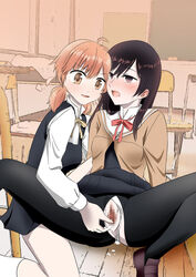 2girls black_hair black_legwear blush breasts brown_eyes brown_hair censored classroom clothing fingering highres koito_yuu medium_breasts multiple_girls nanami_touko open_mouth panties panties_aside pantyhose pussy pussy_juice school_uniform skirt smile spread_legs torn_clothes torn_legwear underwear white_panties wicchii yagate_kimi_ni_naru yuri