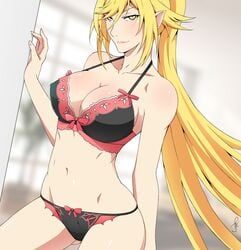 ass_visible_through_thighs blonde_hair bow bow_bra bow_panties breasts cleavage dutch_angle female highres j_adsen kiss-shot_acerola-orion_heart-under-blade large_breasts long_hair looking_at_viewer monogatari_(series) navel oshino_shinobu panties pointy_ears slit_pupils smile solo underwear underwear_only very_long_hair yellow_eyes